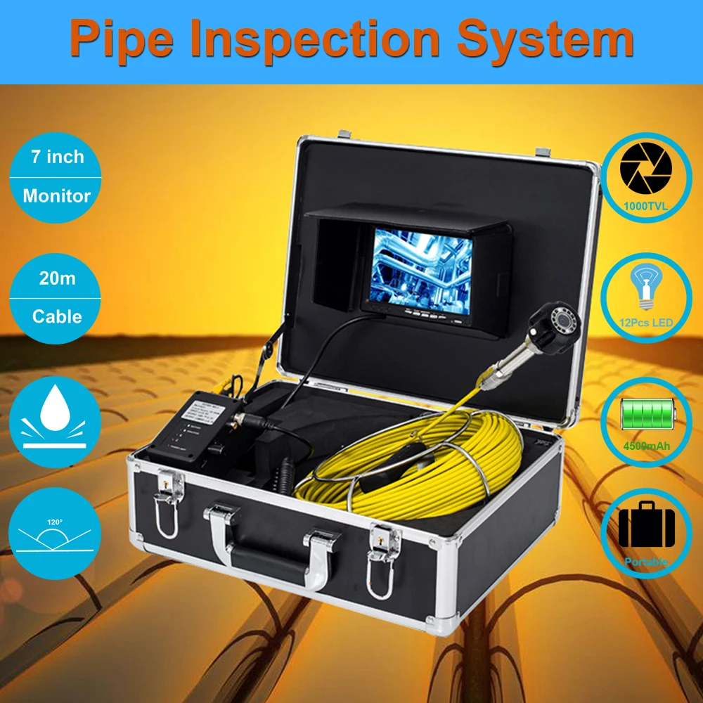 20m Cable Endoscope 7 Inch Sewer Drain Pipe Inspection System 23MM Camera Head Handheld Pipeline Video | Безопасность и защита