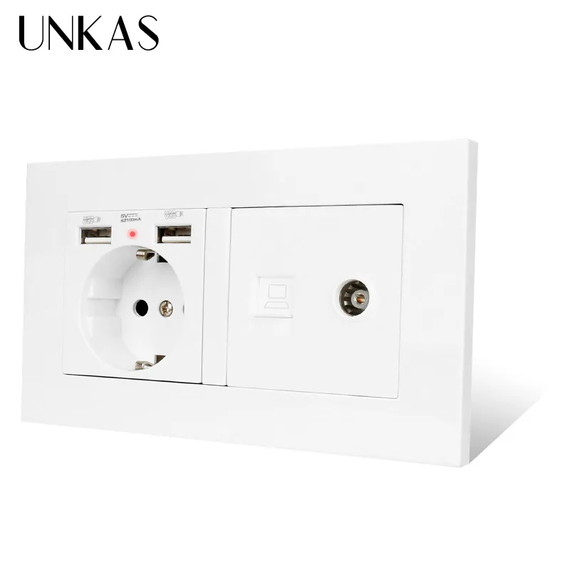 Электрическая розетка UNKAS пластиковая европейского стандарта с двумя USB-портами