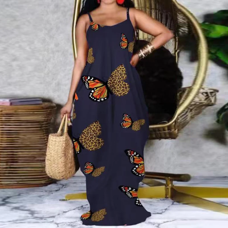 

Summer Dresses for Women Boho Long Dress Spaghetti Strap Sexy Pocket Dress Vintage Butterfly Print Beach Sundress Vestidos