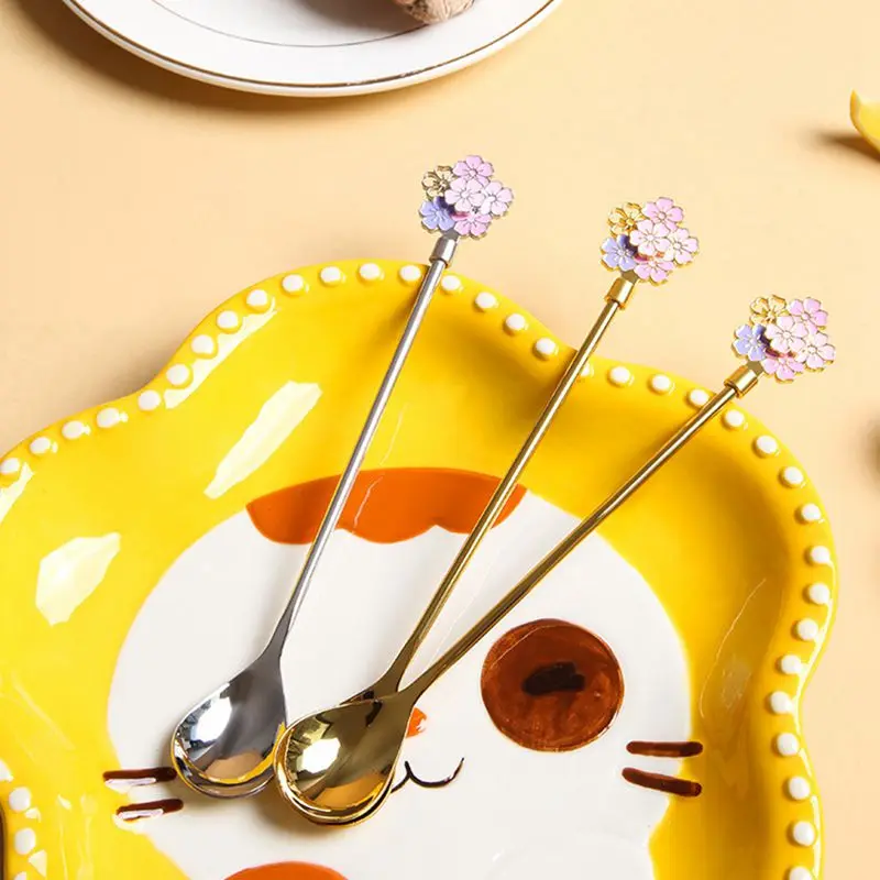 

Drift Cherry Blossom Spoon Long Handle Metal Mixing Scoop Spoons Home Dessert Coffee Scoop Kitchen Tool