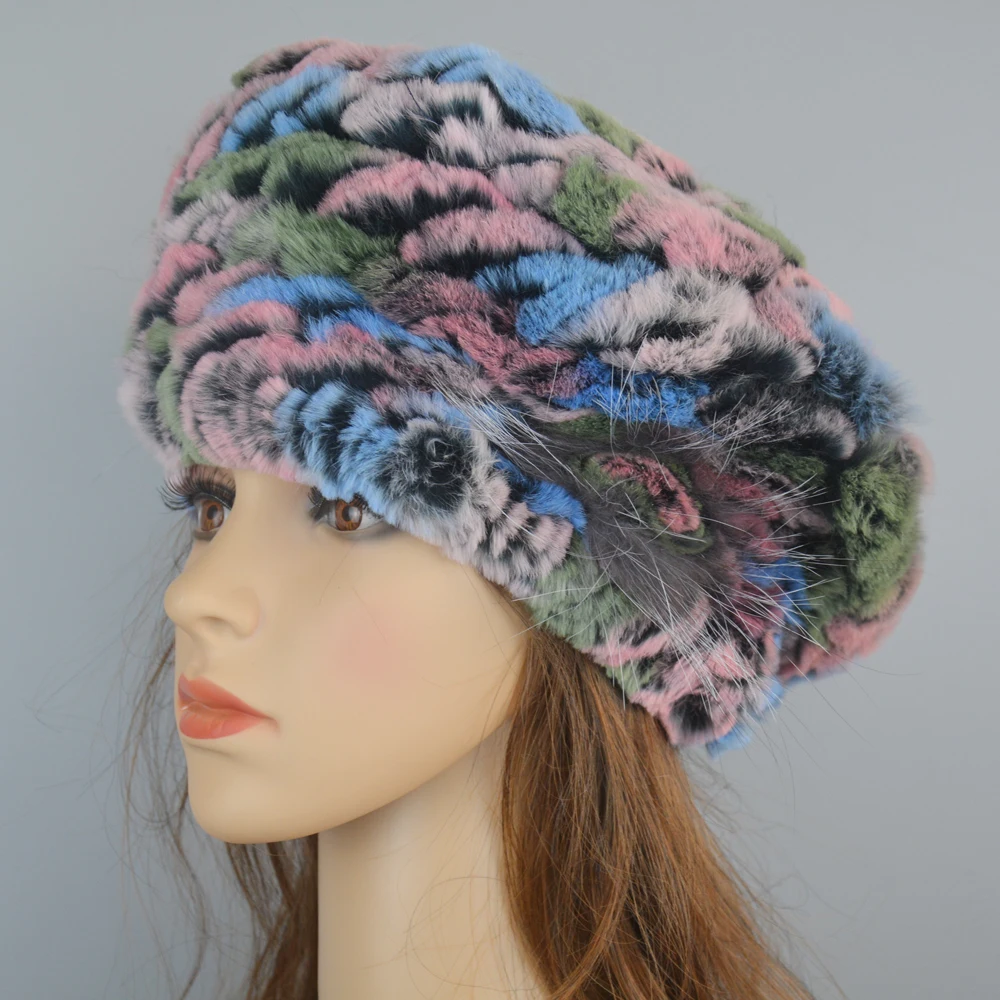 

2021 New Lady Beret Caps Knitted Real Rex Rabbit Fur Beanies Hat Women Winter Rex Rabbit Fur Hats 100% Real Rex Rabbit Fur Cap