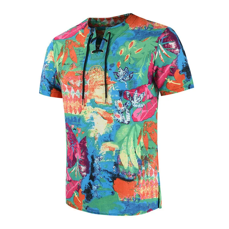 

2021 Fashion Printed Cotton Linen T Shirt Mens Casual Short Sleeve Embroidery Tops Male Vintage Drawstring O-Neck Pullover Tee