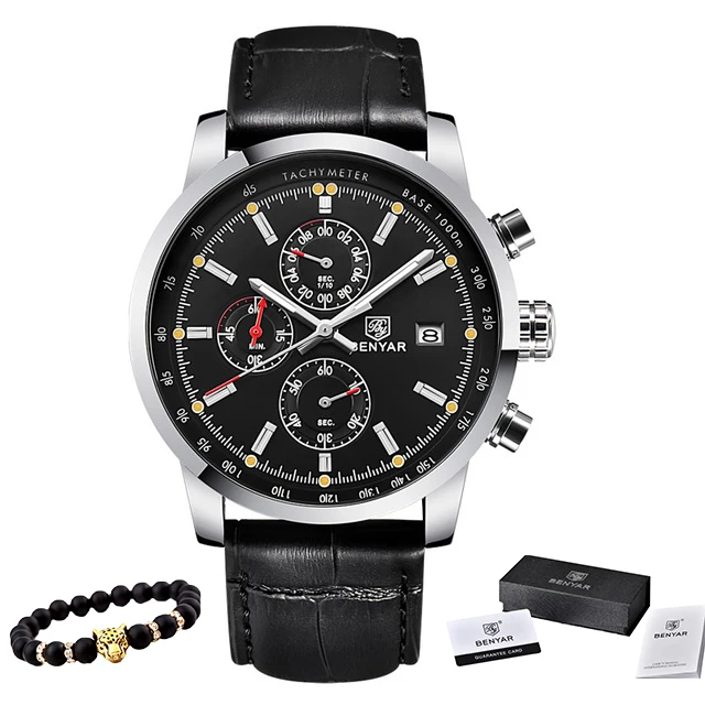 Black silver BENYAR часы мужские роскошные брендовые кварцевые часы с хронографом модные спортивные автоматические часы с датой кожаные мужские часы Relogio Masculino - Цвет: Black silver
