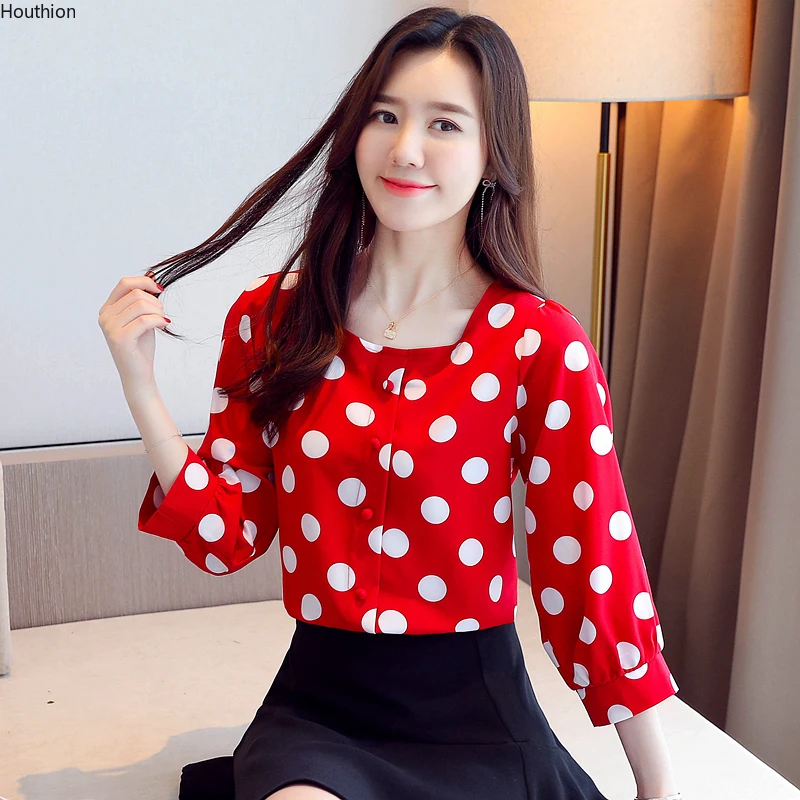 

Шифоновые облегающие Женские блузки, Новая повседневная блузка, топ с рукавом 3/4, модная рубашка в горошек на пуговицах, летние женские блуз...