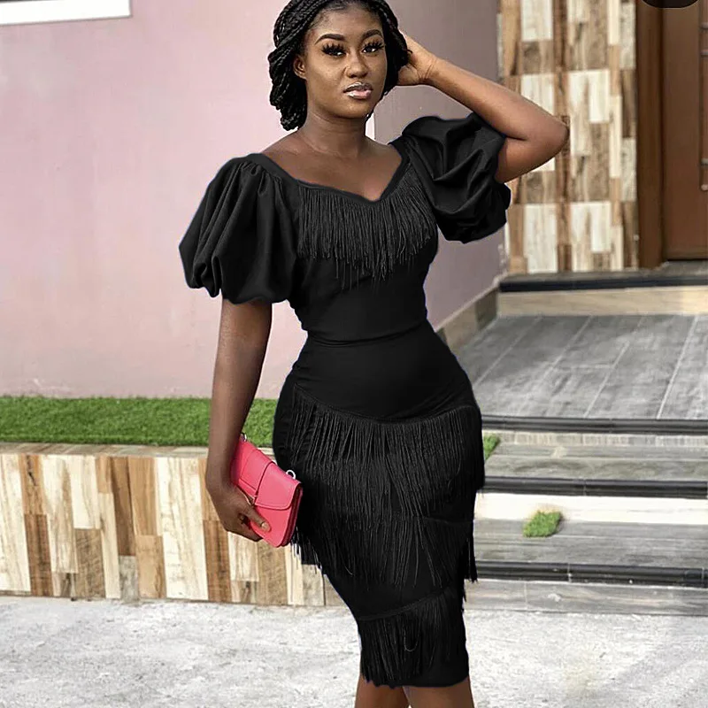 

Women Short Sleeves Tassel Dress Bodycon Plus Size African Fashion Sexy Slim Fit Deep V Neck Party Celebrate Date Night Vestidos
