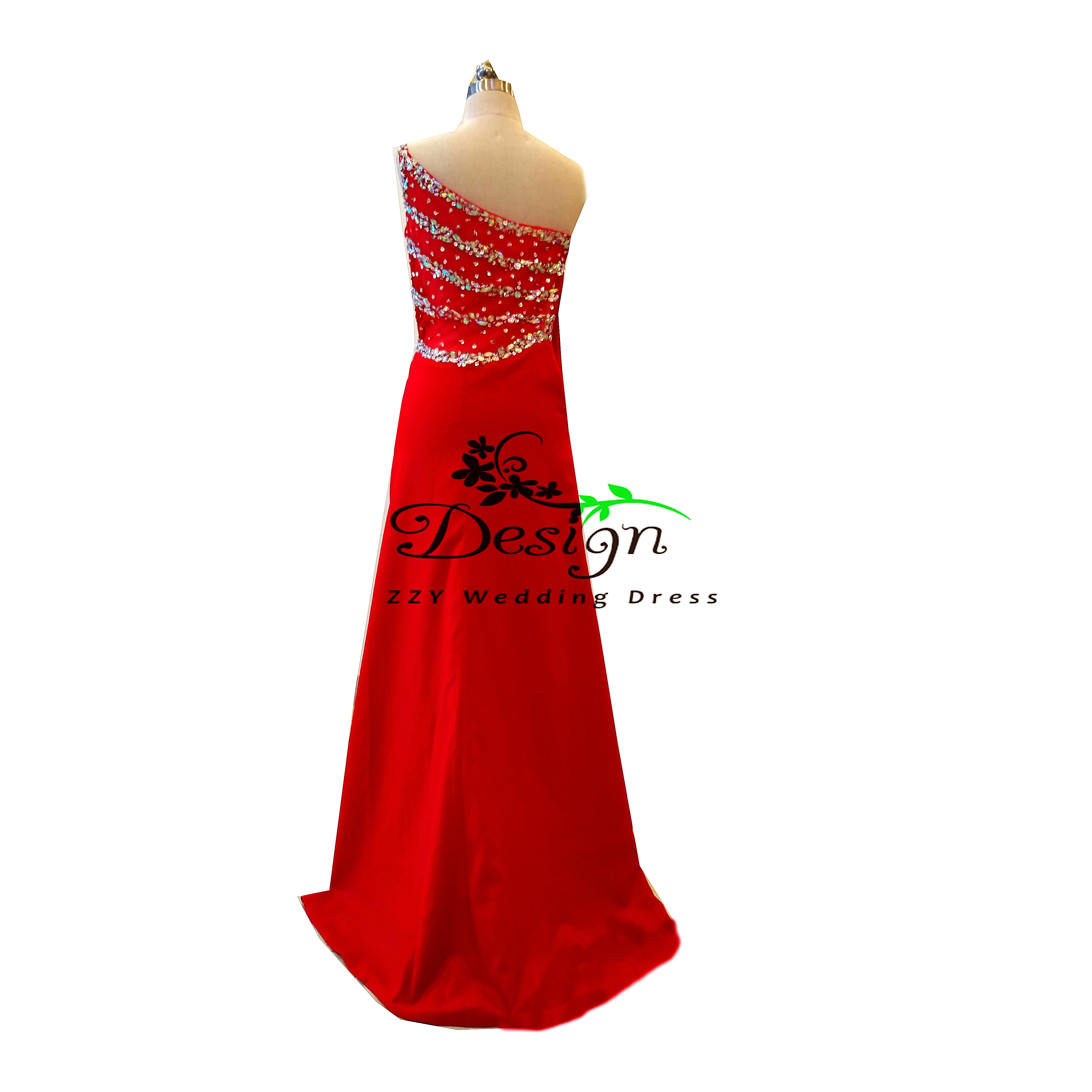 

Real Images Red Chiffon One-Shoulder Sheath Beading Full-Length Mother Of The Bride Dresses Evening Dresses Sweep Train