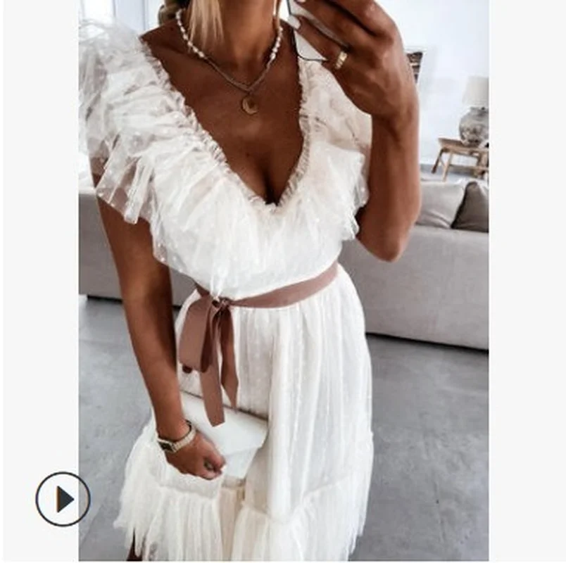 

Summer New Solid V-Neck Spliced Gauze Folds Belt Short Sleeve Wedding Dresses for Women Party Donsignet