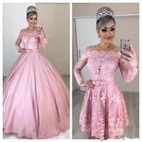 2019 blush pink prom dresses with detachable ball gown train applique lace two pieces evening party gowns plus vestido de festa