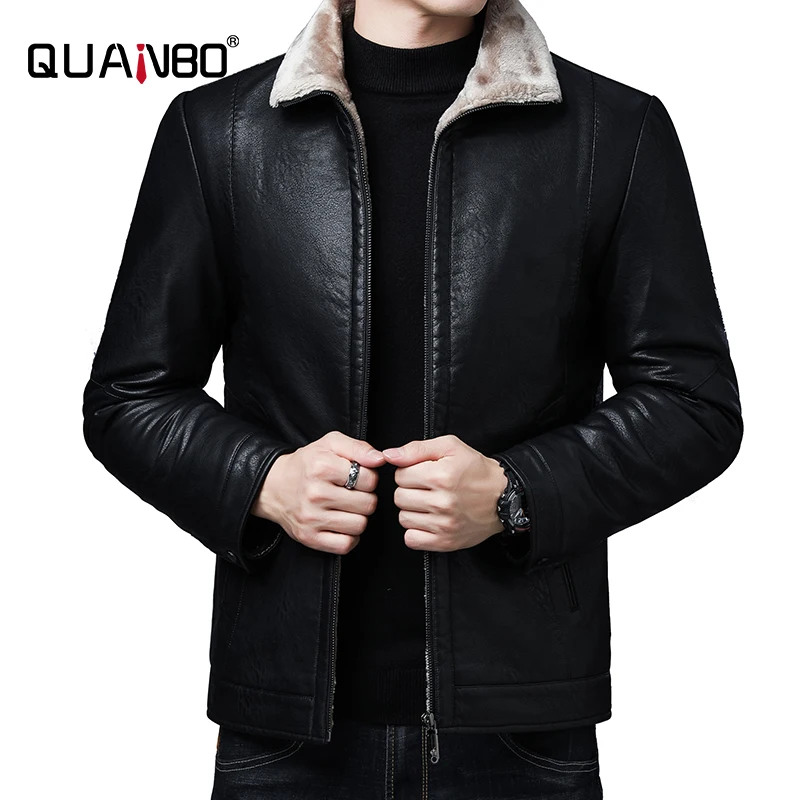 

QUANBO Winter Top Quality Wool Liner Men's Leather Jacket 2020 New Fashion Business Casual Thicken Warm PU Men Fur Coat