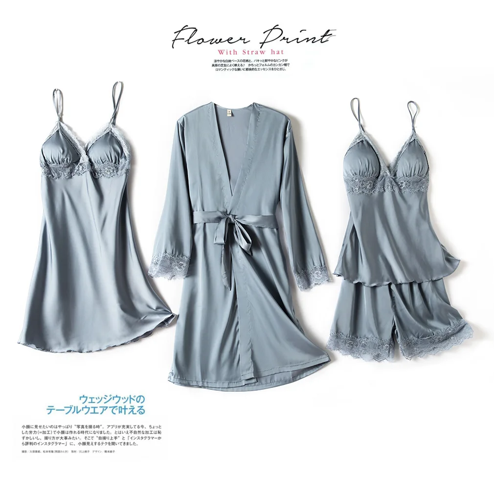 

4pcs Pajamas Suit Female Nightwear Sexy Lace Intimate Lingerie Satin Homewear Casual Bathrobe Gown Green Sleepwear Nightgown
