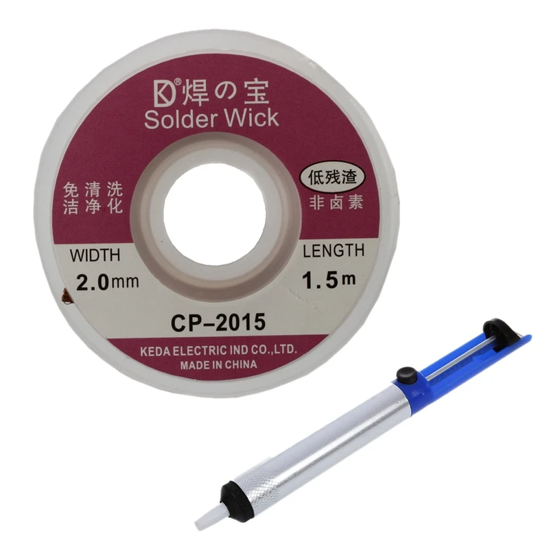

HOT-2Pcs 2.0MM Solder Wick Remover Desoldering Braid Wire Sucker Cable Fluxed Flux & Blue Silver Tone Shell Desoldering Pump Sol