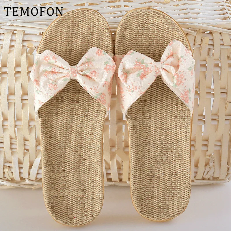 TEMOFON house slippers women Non-slip autumn Summer Casual Slides Bow family home female Beach shoes ladies new HVT1421 | Обувь