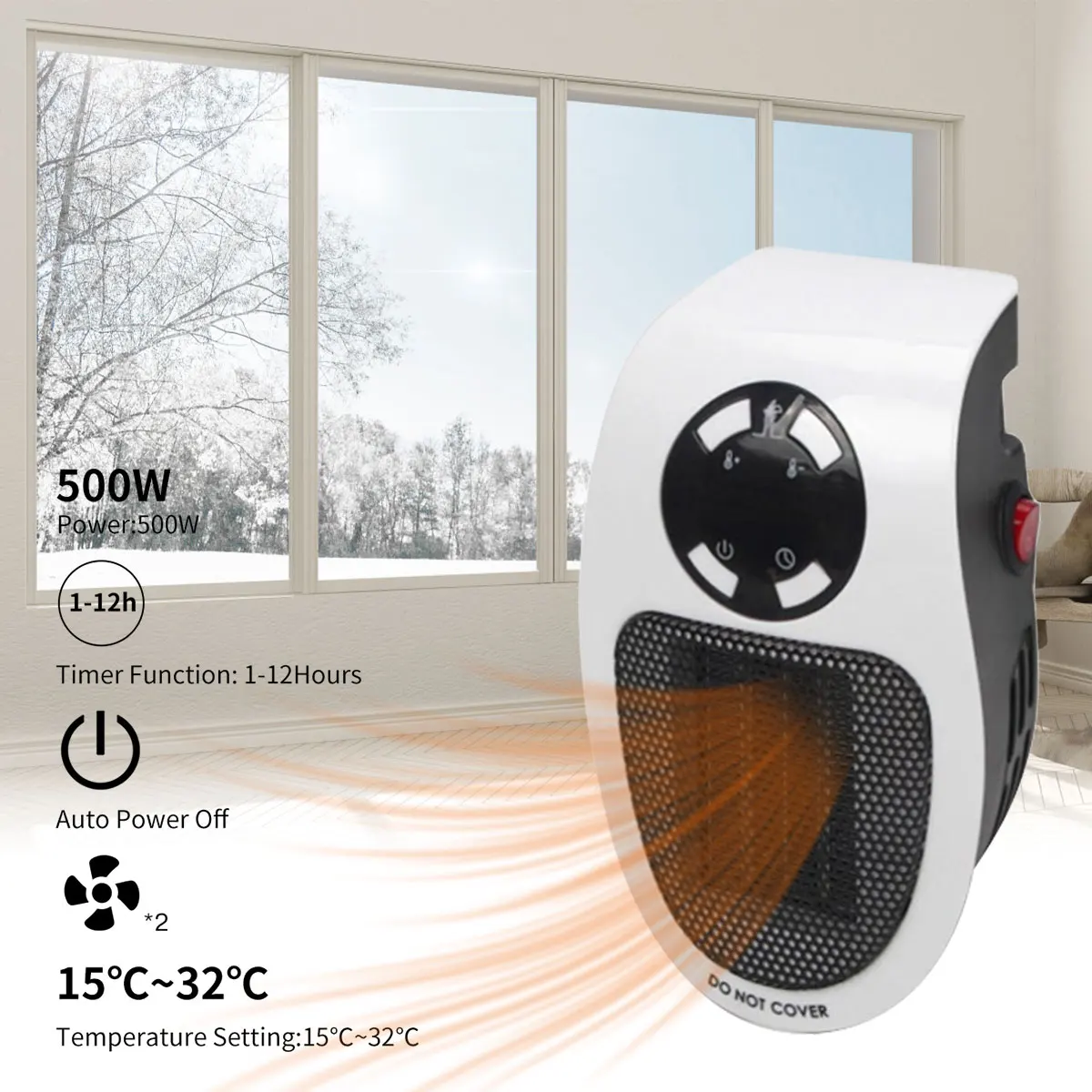 

Portable Electric Heater 500W Mini Fan Heater Wall-Mounted Heater Household Wall Handy Heating Stove 2 Gear Space Heater