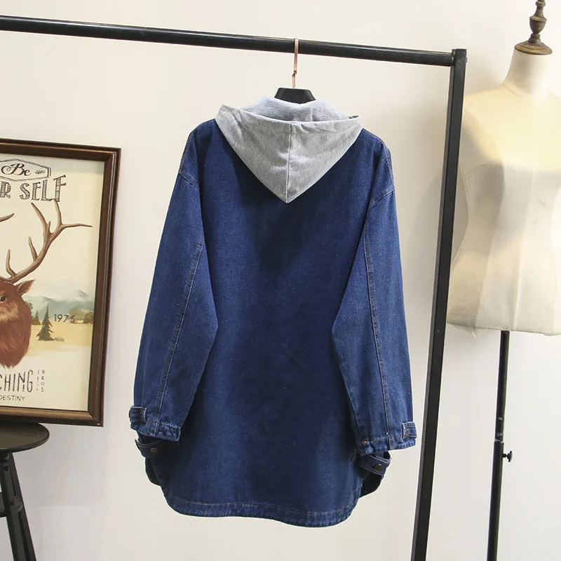 Женская одежда большого размера Свободное длинное джинсовое пальто с капюшоном