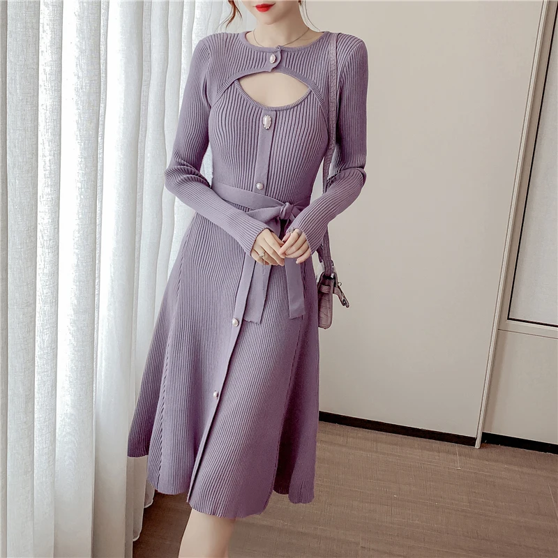 

Party Dresses New Autumn Women Sexy Hollowed Out Vintage Long Sleeve Knitted Dress Chic Office Female Holiday Dress with Belt