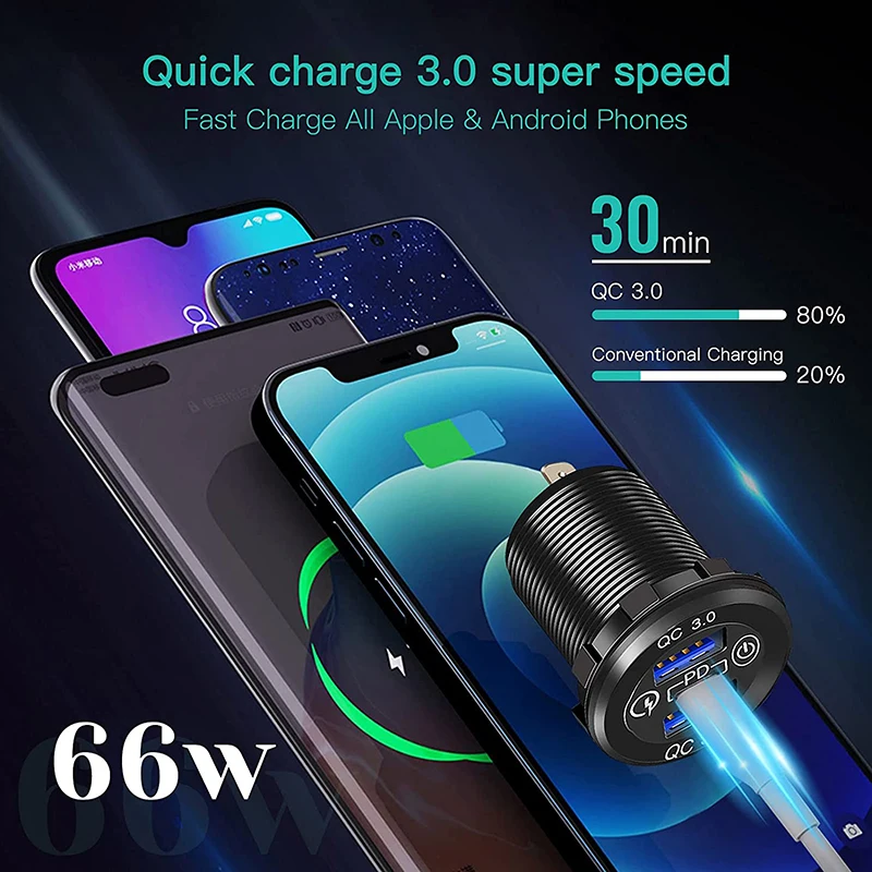 USB C Car Charger Cigarette Lighter Socket Splitter Triple 12V PD3.0 & QC 3.0 Outlet with Touch Switch for Boat | Автомобили и