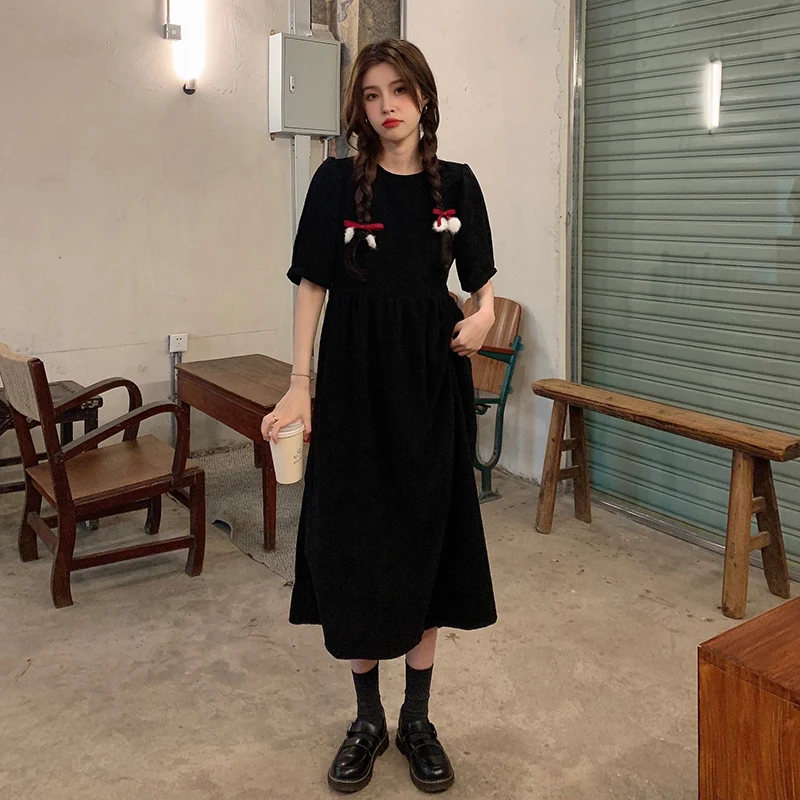 

2020 Women Black Draped Adjusts Drawstring Mid Dress Chic Vintage Dresses Female Short Sleeve Casual Solid Long Dress