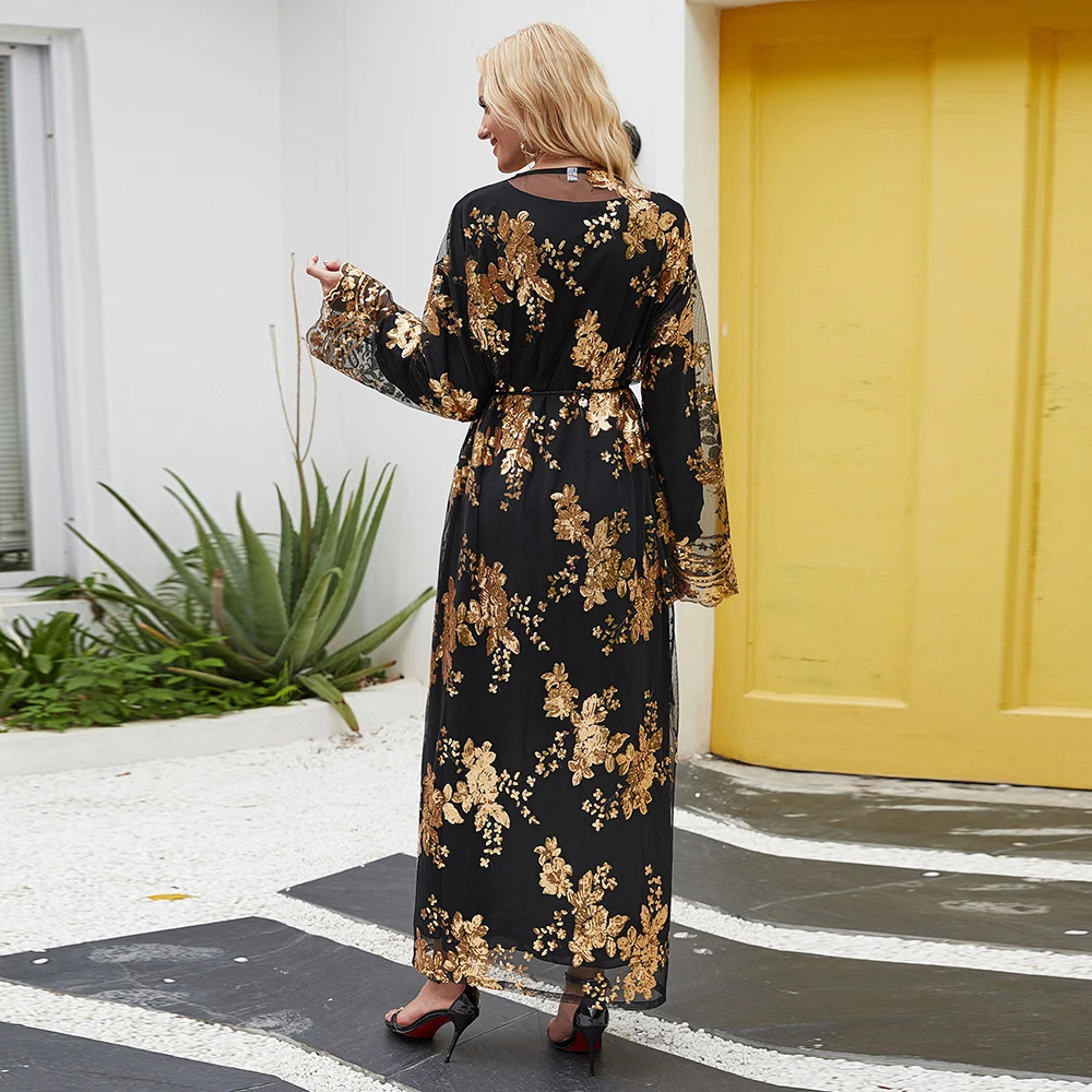 Eid Ramadan Sequin Abaya Dubai Turkey Kimono Cardigan Femme Musulmane Muslim Hijab Dress Islam Abayas For Women Robe Kaftan