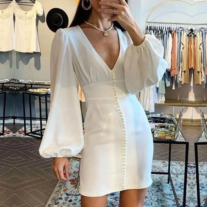 

Summer White Mini Dress Women New Fashion Solid Long Sleeve Sexy V Neck Beading Dress Elegant Slim Style Party Dresses For Women