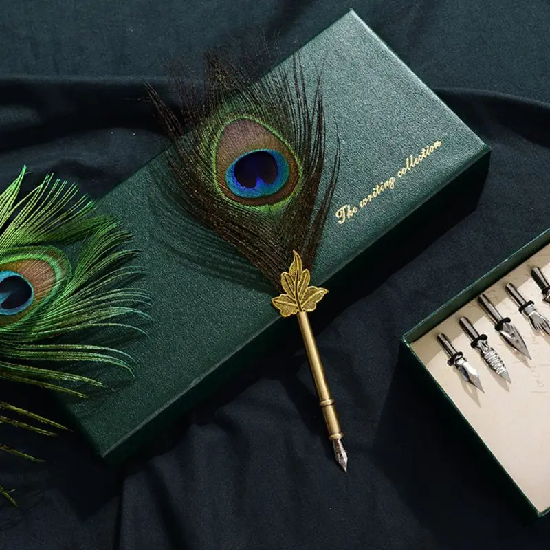 

W3JD Vintage Calligraphy Quill Peacock Feather Dip Fountain Pens Writing Ink Nibs Stationery School
