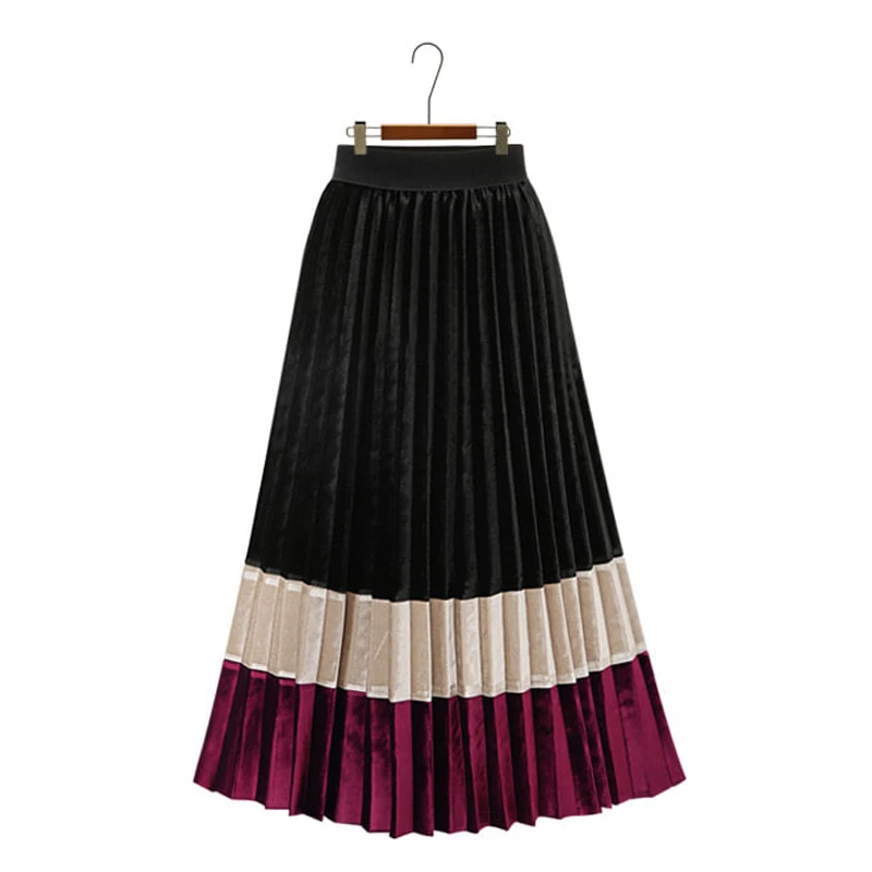 

Patchwork Pleated Skirt Women Autumn Long Vintage Korean 2021 High Waist Casual Winter Black Party Uniform School Skirts