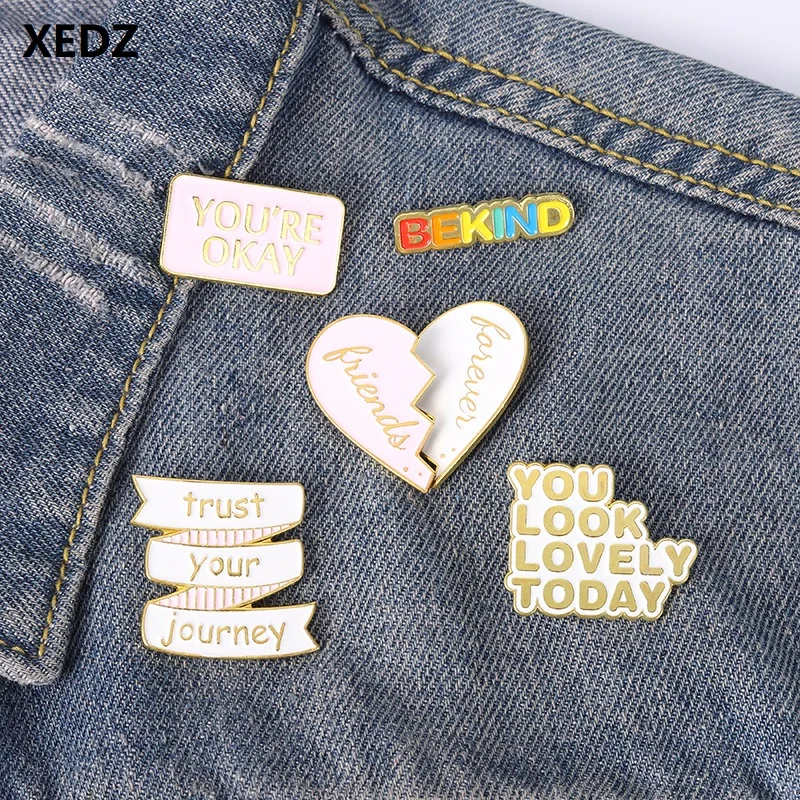 

XEDZ Cartoon Broken Spliced Heart Ribbon Enamel Sweater Pin Fashion Colorful Text BEKIND You Are Lively Today Badges Accessories