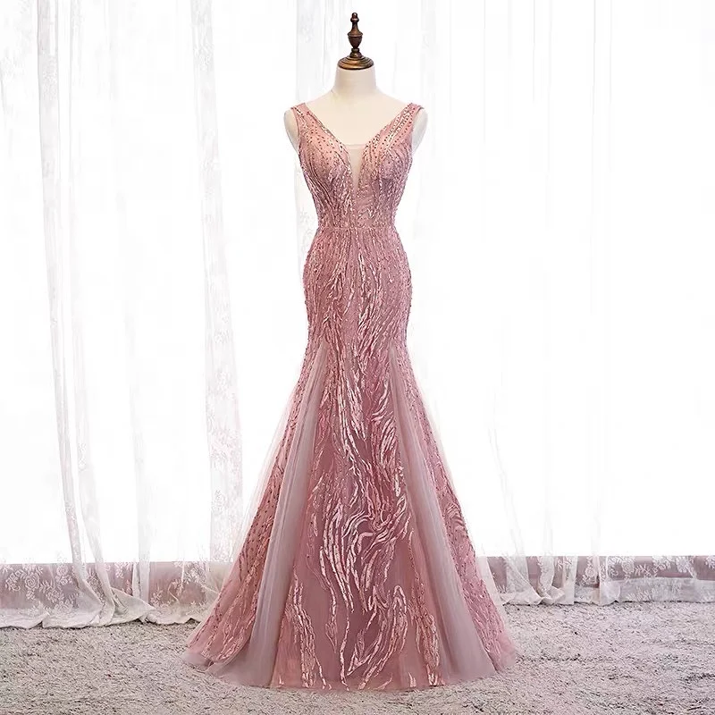 

Розовое вечернее платье Русалка с V-образным вырезом, привлекательные Роскошные блестящие кружевные блестки, бусины, открытая спина, свадебные официальные платья