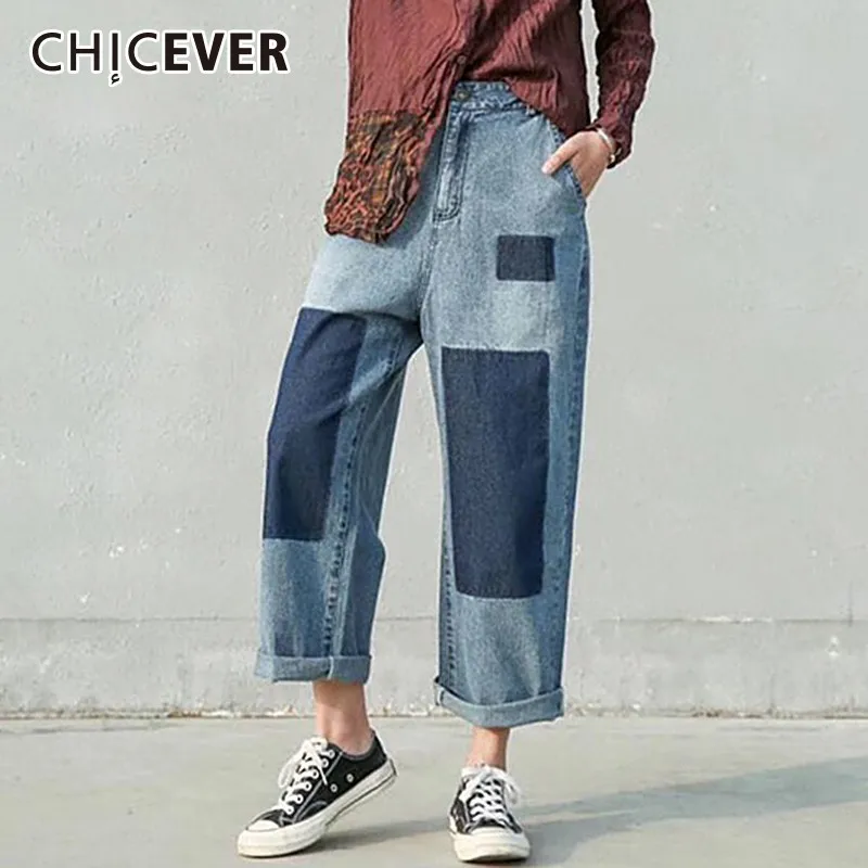 

CHICEVER Spring Patchwork Hit Color Women Denim Pants High Waist Button Fly Pockets Loose Oversize Straight Jeans For Female New