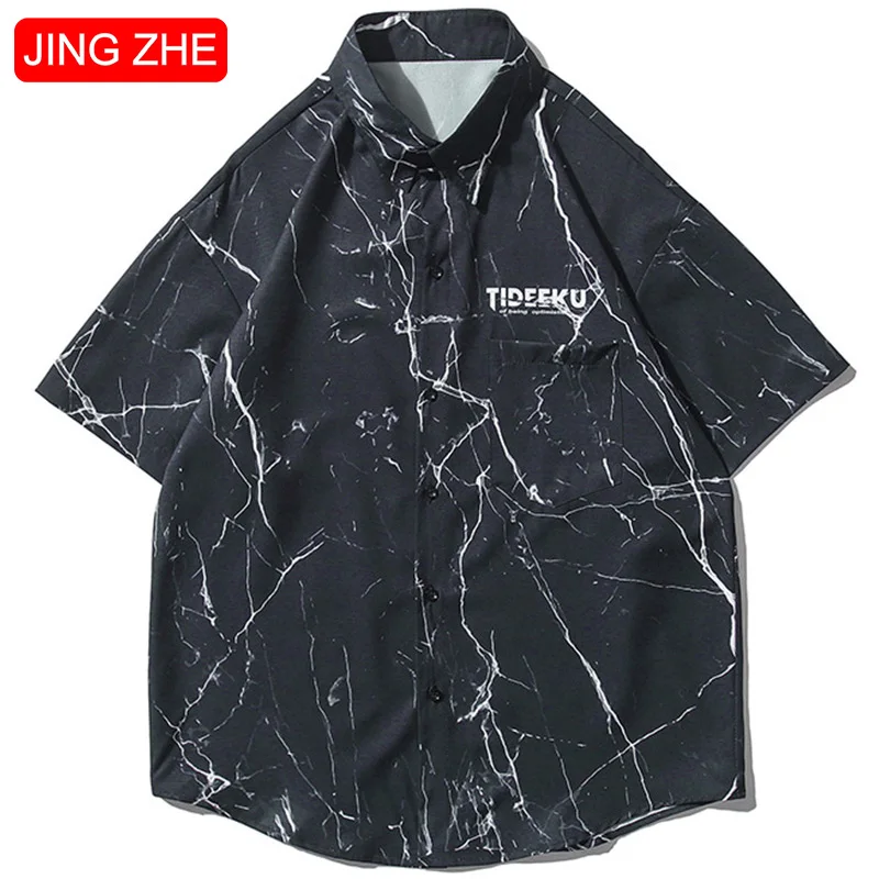 

JING ZHE Summer Shirt Men Lightning Printed Black Hip Hop Shirts High Street Cargo Short Sleeve Shirts Baggy Hipster Streetwear