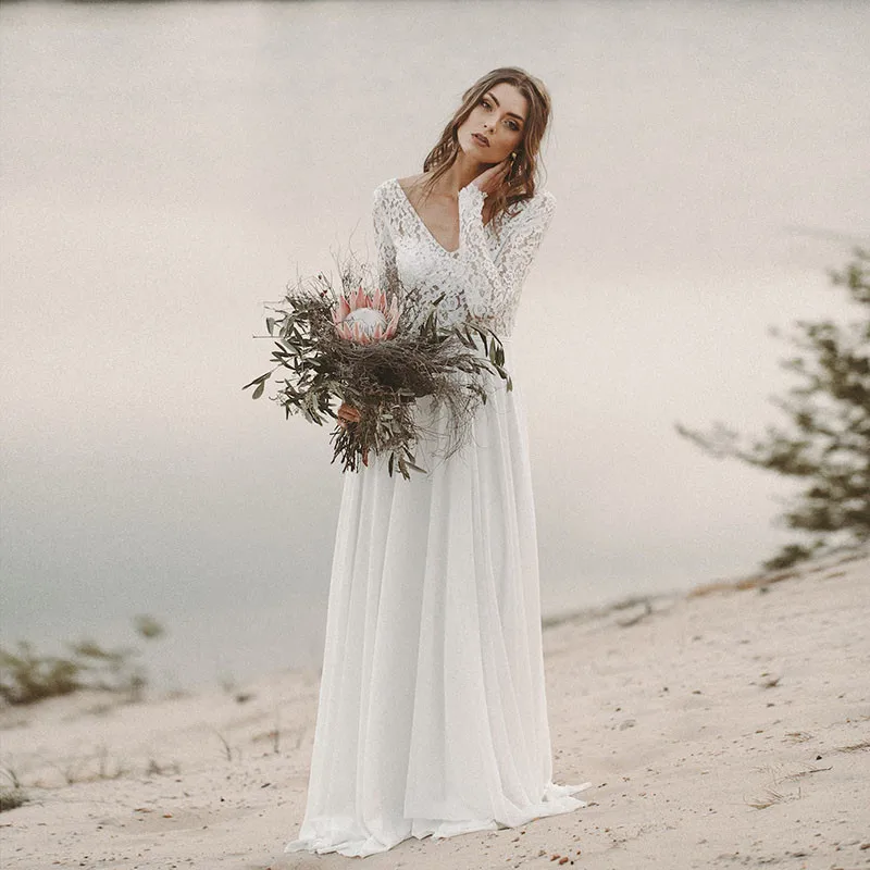 

2020 Modest Lace Long Sleeves Bohemia Wedding Dresses Backless Beach Bridal Gowns Retro Ladies Wedding Dress Bohe A-Line