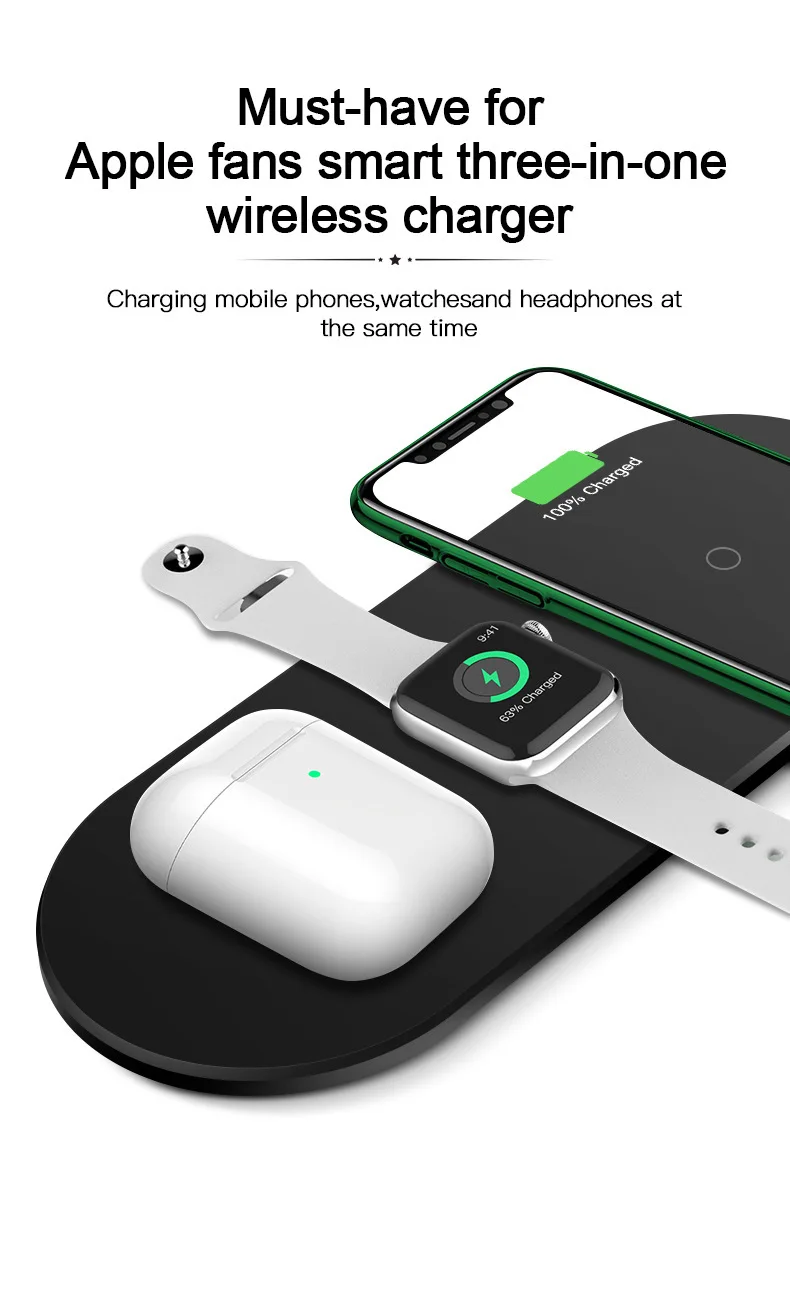 

3-in-one Wireless charger for iWatch1 2 3 4 5 generation tws headset iPods fast charge for iphone 11 pro max/ 8/8 plus/XR