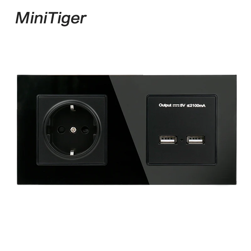 Настенная розетка из хрустального стекла Minitiger 2 клавиши заземленная 16 А