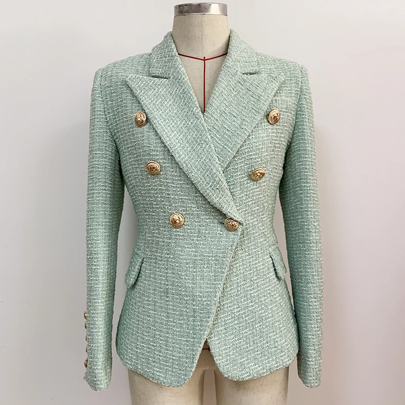 

HIGH QUALITY Newest 2021 Designer Jacket Women's Classic Metal Lion Buttons Double Breasted Tweed Blazer Mint Green