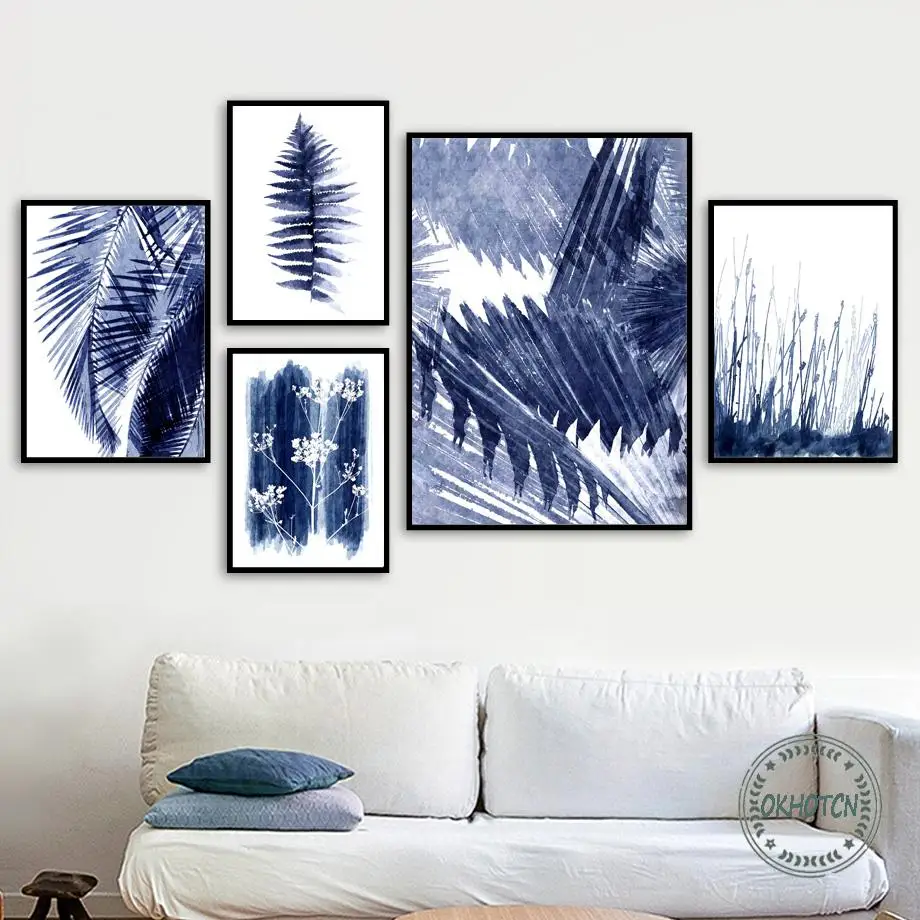 Акварельные синие пальмы папоротник лист цветок трава растение холст живопись