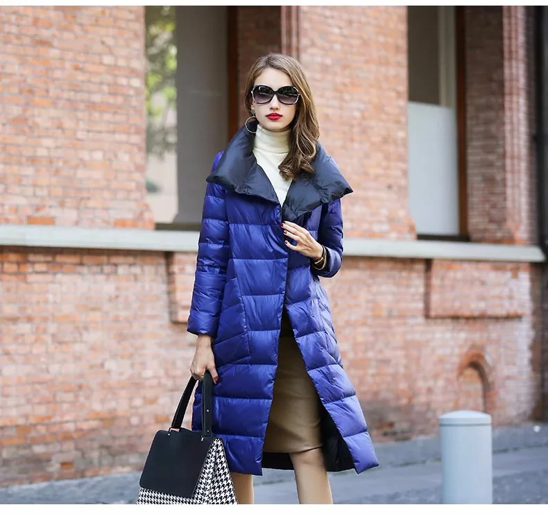 Double Sided Women's Down Jacket Long Winter Turtleneck White Duck Down Coat Female Double Breasted Plus size Warm Plaid Parkas