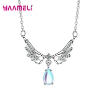women girl angel wings moonstone clavicle chain korean style 925 sterling silver jewelry pendant necklace for party wedding