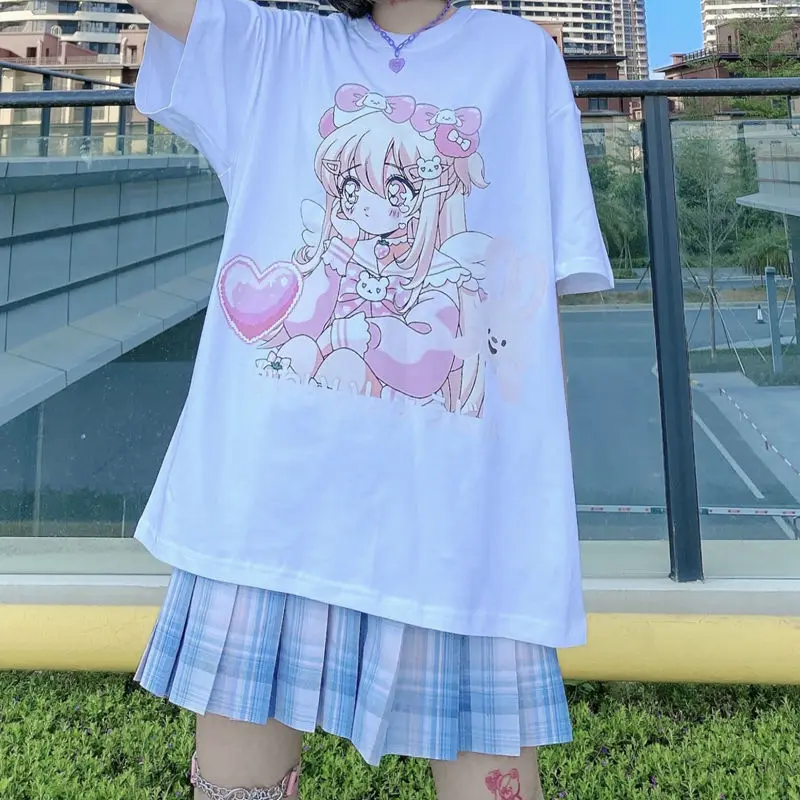 

2021 Summer Cute Anime Tshirts Soft Girl Shirt Printing Harajuku Cotton Short-sleeved Loose Pattern T-shirt Cartoon Tshirts