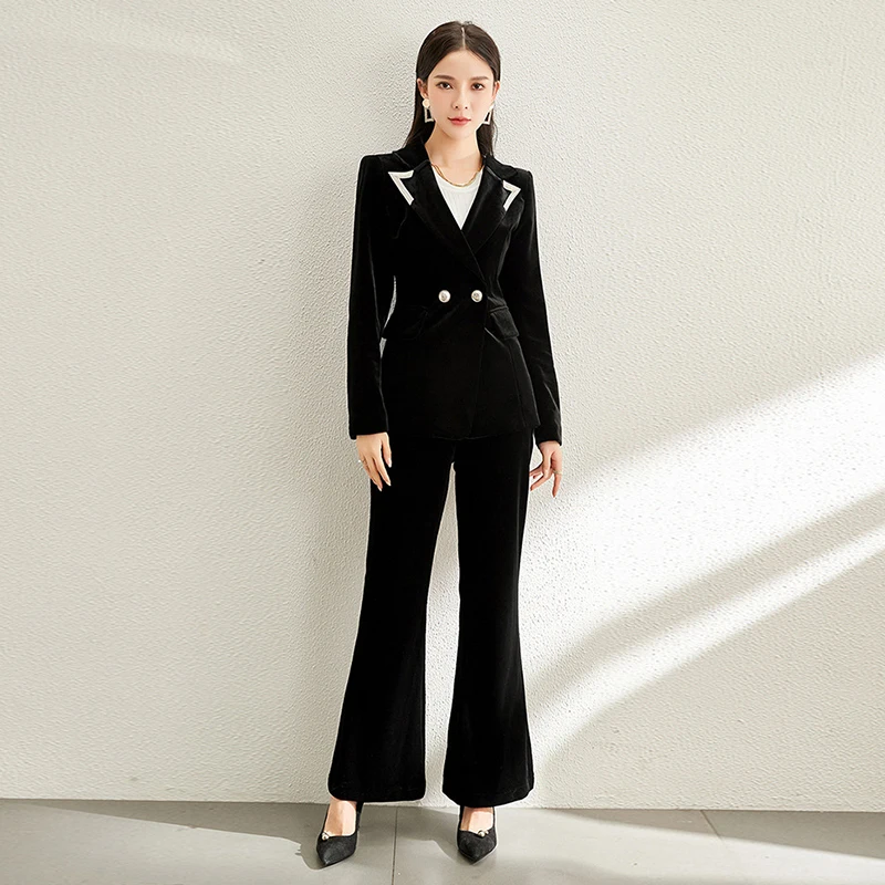 

new arrival fashion black set women winter professional OL temperament slim jacket and flare long pant velvet two-piece suit