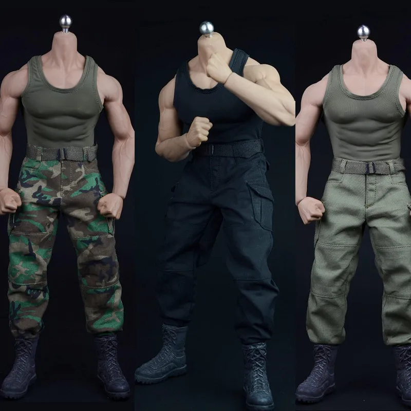 

1/6 Male handsome uniform green Combat Suit Camouflage Pants black Vest Belt For 12'' TBLeague PH Soldier Figure Body dolls