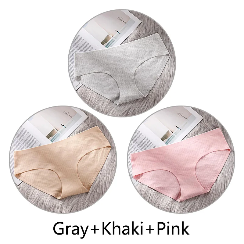 Gray Khaki Pink 3 шт. сверхтонкое, бесшовное нижнее белье из хлопка, Для женщин нижнее белье, мягкие трусики с большими чашечками для Размеры 4XL белье соты с заниженным шаговым швом ткань нижнее бельё - Цвет: Gray Khaki Pink