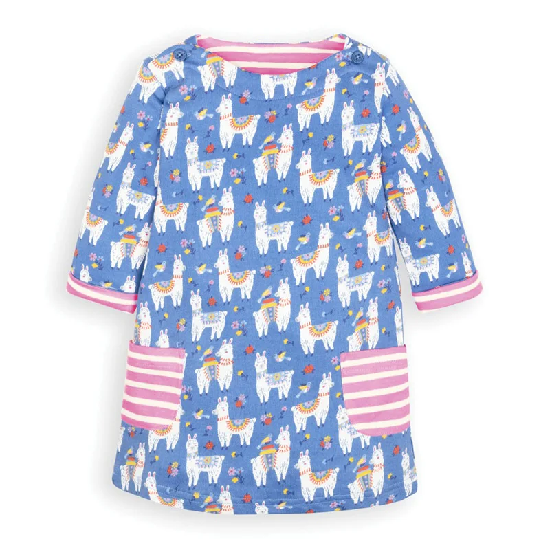 

Little Maven New Spring Autumn Kids Blue Llama Printed O-neck Pockets Girls 1-6yrs Full-sleeved Cotton Knitted Casual Dresses