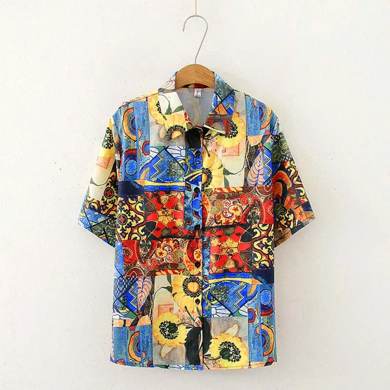 

Summer Retro Printed Short Sleeve Blouse Women Beach College Style Tops Turn-down Collar Button Shirts Blouses Casual Top
