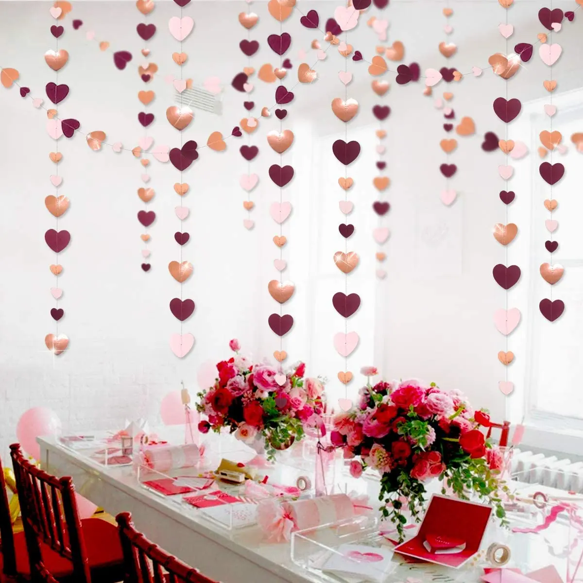 

13Ft PaperBurgundy Pink Rose Gold Love Heart Garlands Hanging Streamer Banner for Bachelorette Wedding Birthday Party DIY Decor