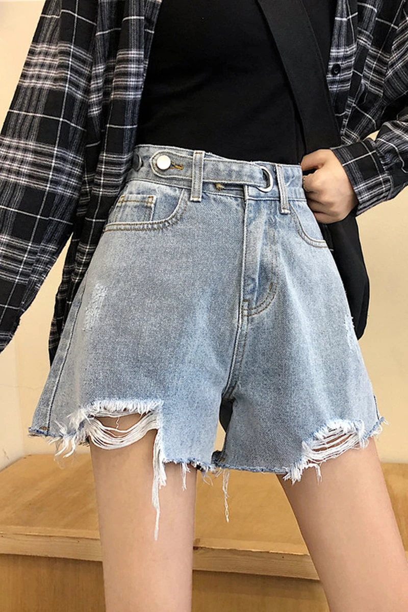 

Large size high waist denim shorts women's summer loose wide leg pants with rough edge