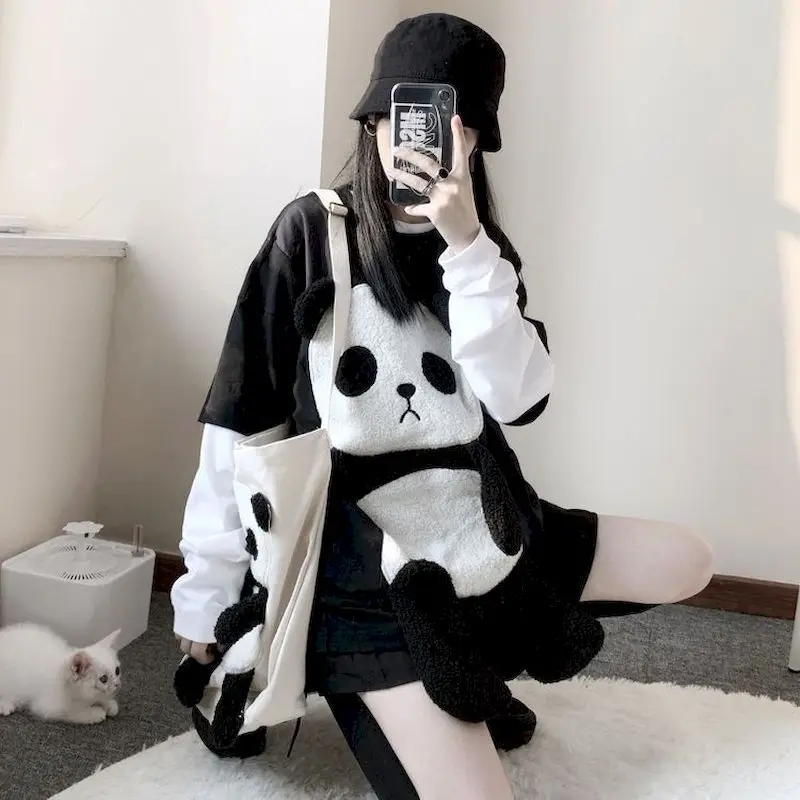 

Long-sleeved Sweatshirt With Bag Women Autumn New Design Small Minority Cute Panda Mid-length Fake Two-piece Stitching Pullovers