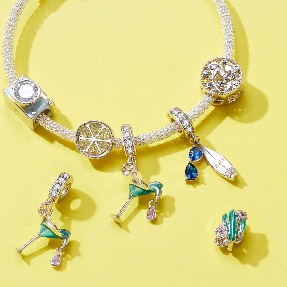 

2021 New Design 925 Sterling Silver Green Enamel Ribbon Flower Cactus Metal Beads Original Silver Bracelet DIY ZBSC00261
