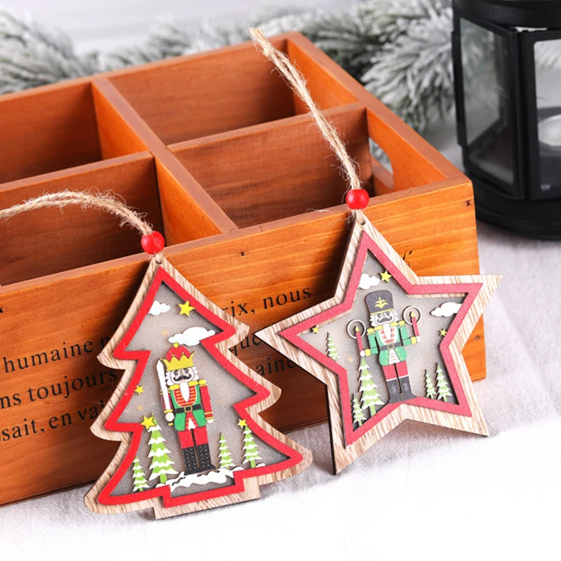 

Light up Wooden aChristmas Ornament Star House Car Xmas Tree Hanging Decoration Home Club Xmas Party Decor