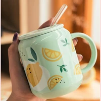 400ml fruit straw cup ceramic beer mug with lid and straw small portable strawberry pineapple watermelon glass bottle