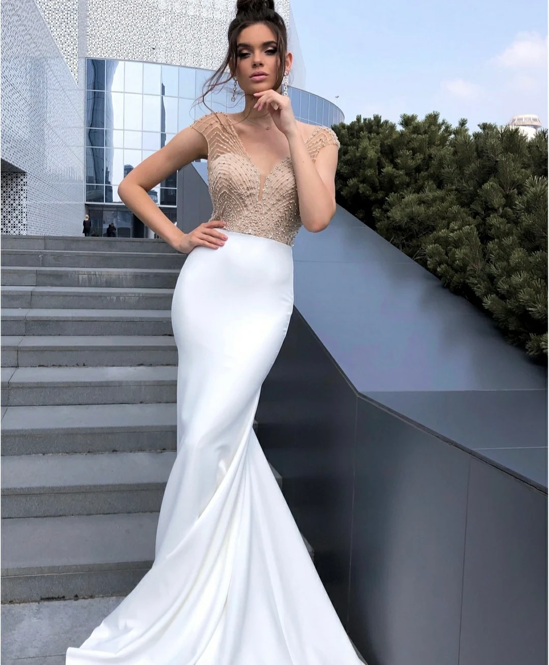 

Elegant Long Mermaid Beaded Wedding Dress Ivory Illusion Back Stretchy Crepe Vestidos de Novia Abendkleid Bridal Gown for Women