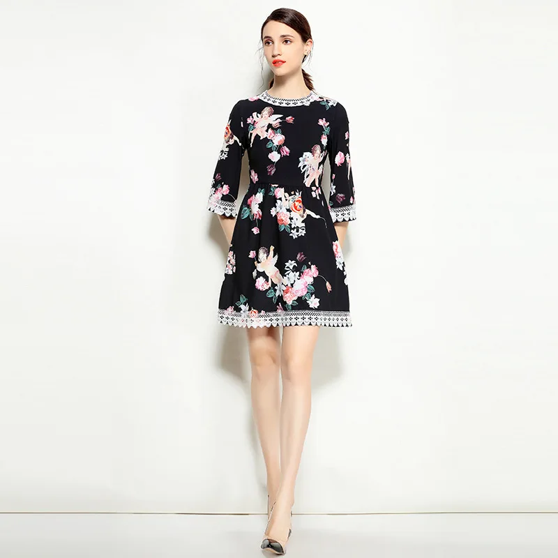 Винтажное платье с принтом Ангел рукавом три четверти|Женские платья| |